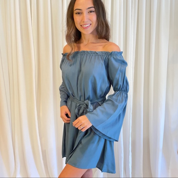 Dusty Blue Bell Sleeve Off the Shoulder - Picture 4 of 5